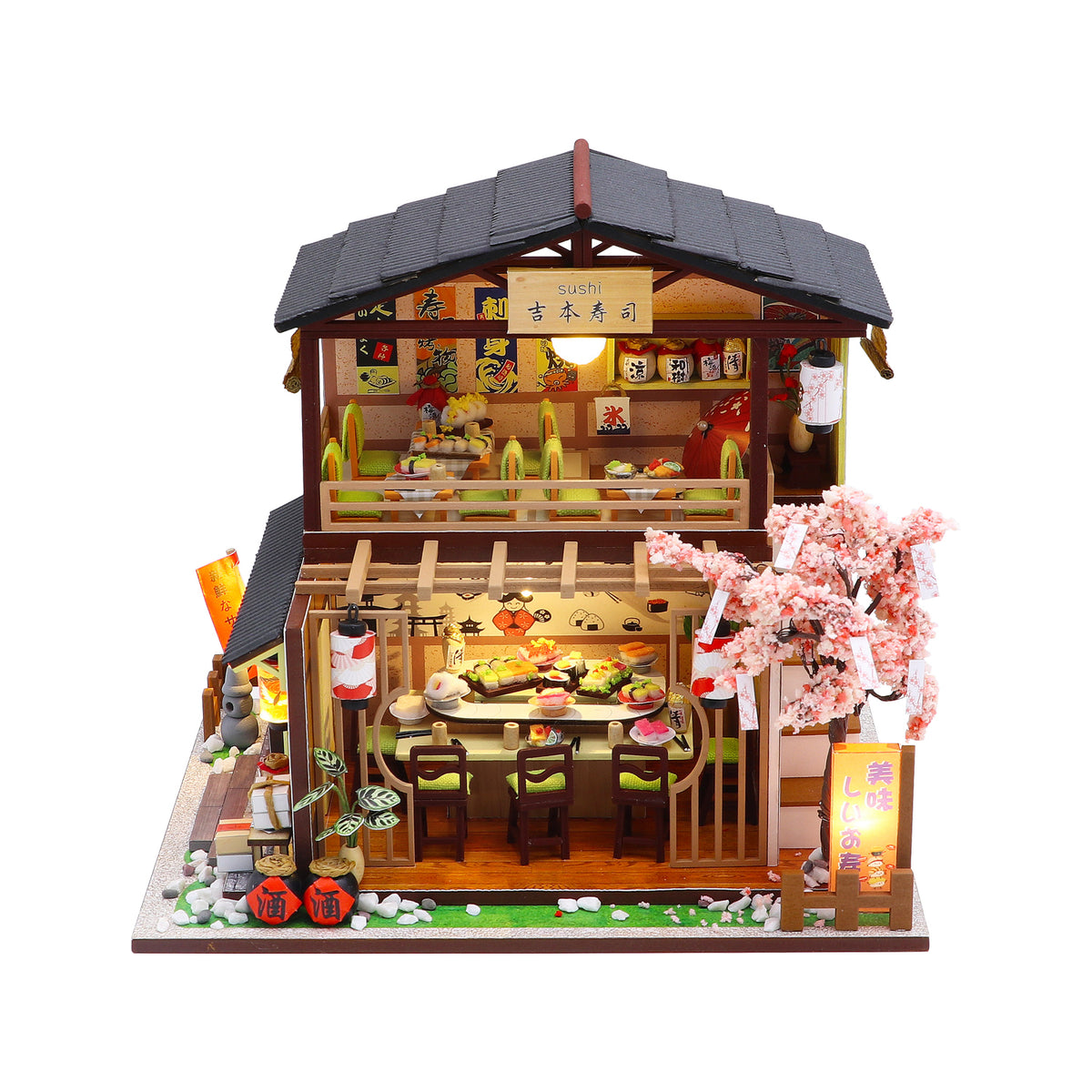 Gibbon Sushi M2011 Japanese Sushi Restaurant DIY Miniature Dollhouse Kit with LED Lights