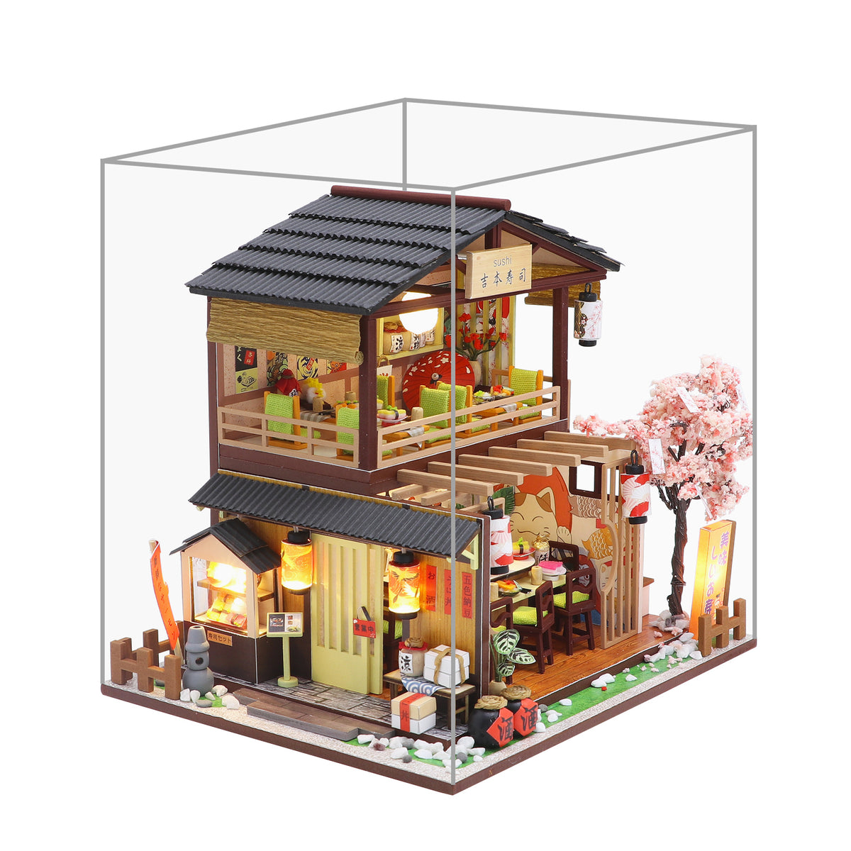 Gibbon Sushi M2011 Japanese Sushi Restaurant DIY Miniature Dollhouse Kit with LED Lights