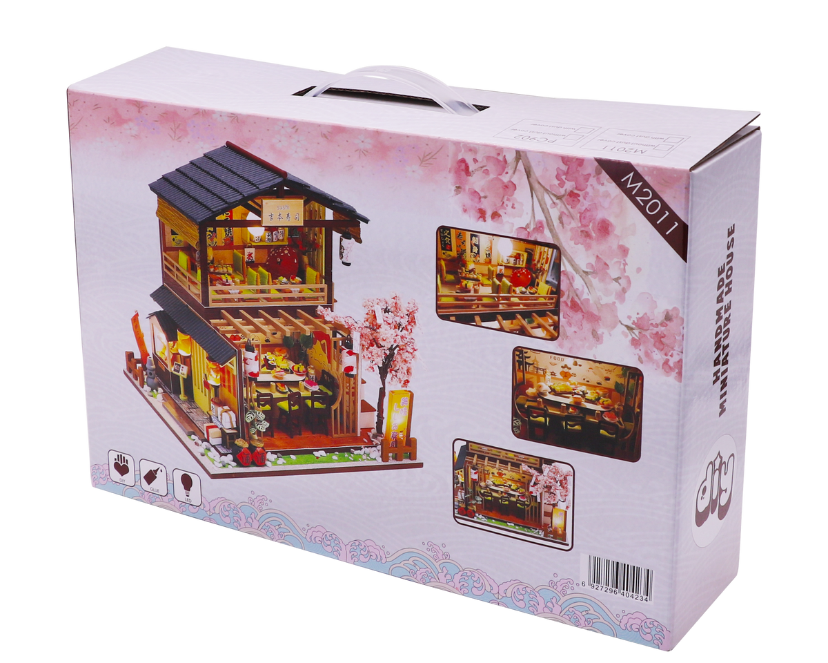 Gibbon Sushi M2011 Japanese Sushi Restaurant DIY Miniature Dollhouse Kit with LED Lights