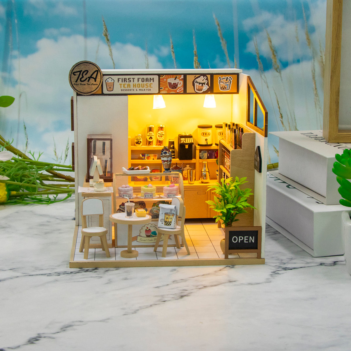 First Foam Tea House M2505 DIY Miniature Tea Shop Kit with LED Lights